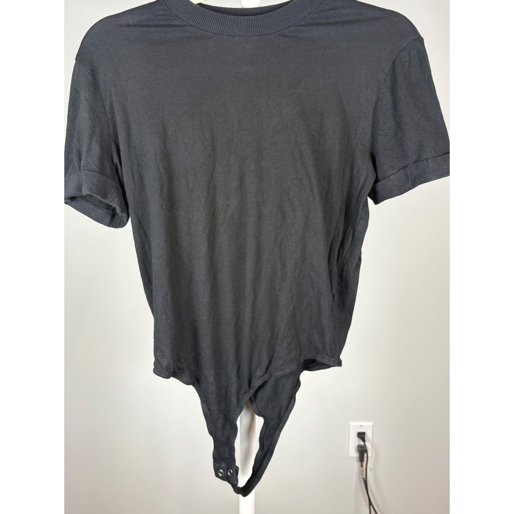Danielle Bernstein Womens Short Sleeve Crew Neck Bodysuit Black Cuffed Sleeve S
